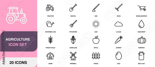 Agriculture icons with tractor watering can wheat corn carrot pumpkin fence egg milk jug