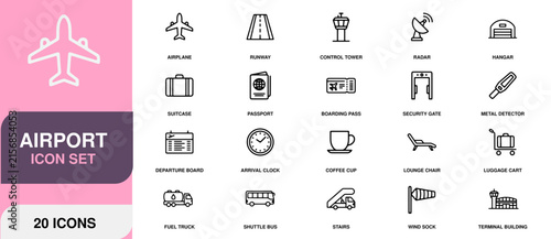 Airport icons set with airplane runway control tower luggage passport and security gate
