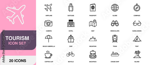 Collection of crisp line art travel icons for vacation planning and destination discovery on a clean white background