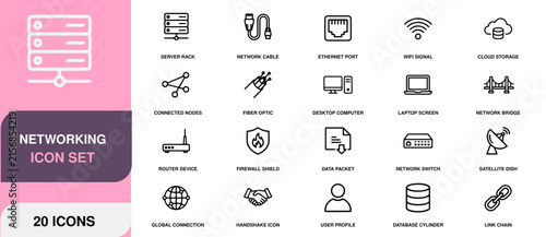 Networking icons set with server racks cables and cloud storage for digital communication concepts