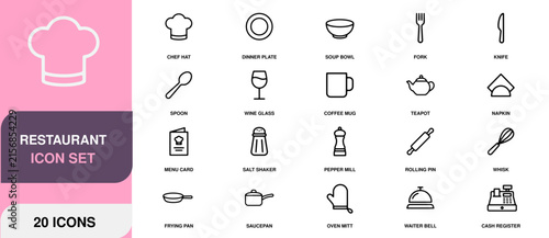 Restaurant icons set with chef hat and kitchenware on a pink background