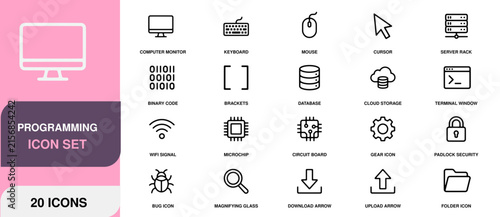 Programming icon set with computer hardware software and security symbols on a pink background