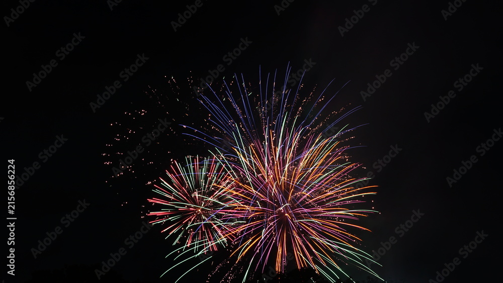 Obraz premium Vibrant Colorful Fireworks Displaying over the Night Sky during Japanese Summer Hanabi Festival