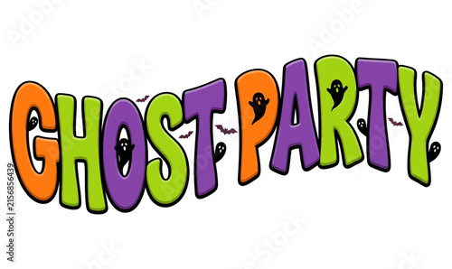 Ghost Party Halloween text design with colorful cartoon letters and spooky ghost icons