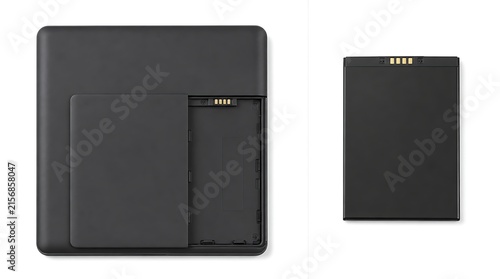 Split view showing back of electronic e-reader device with removable battery module, modular repairable design concept