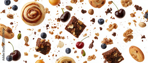 A Heavenly Mix of Sweet Delights: An artful arrangement of delectable treats, including cinnamon rolls, brownies, cookies, nuts, and fresh berries, suspended mid-air against a clean background.