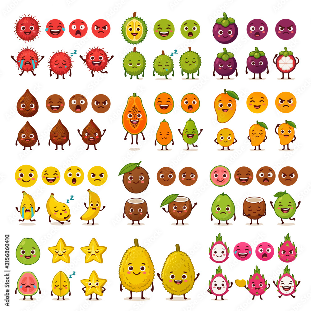 Fototapeta premium Cute tropical fruit character emoji set isolated on white background. Flat vector illustration bundle featuring various fruit mascots with different facial expressions including rambutan, durian, mang