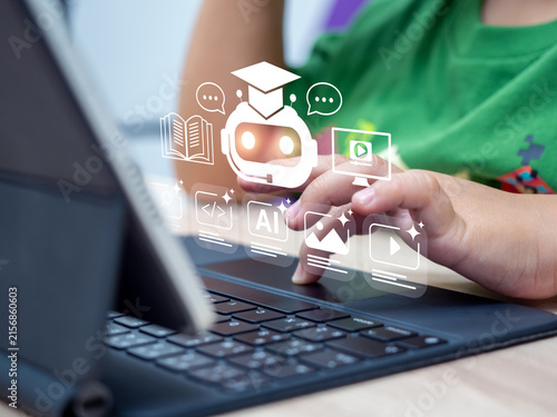 Foto Child learning online with an AI tutor on digital tablet, using an AI assistant for personalized learning, coding skills, STEM education, interactive lessons, and future-ready digital education