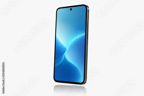 Modern black smartphone with a bright blue display isolated on a white background, representing mobile technology, communication, digital devices and connectivity