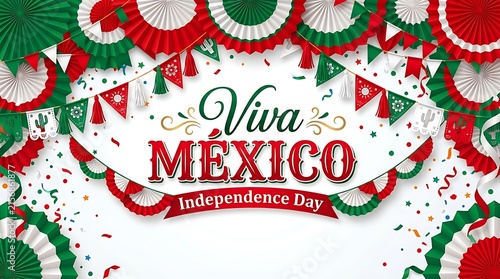 Viva mexico independence day celebration background with festive paper fans and bunting flags isolated on white background
