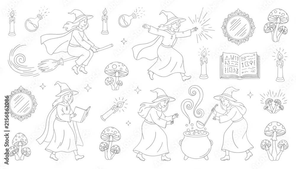 Fototapeta premium Vintage sketch sheet of witch characters flying on brooms, casting spells, reading grimoires, and brewing magical potions.