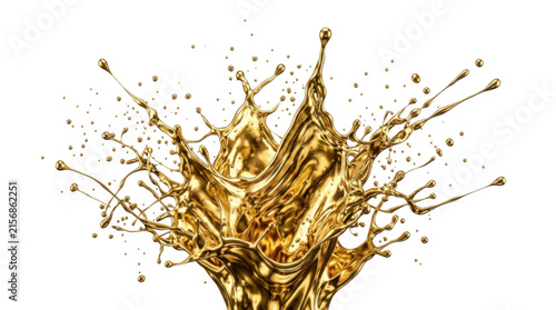 Abstract golden liquid explosion with flying metallic droplets isolated on transparent background.