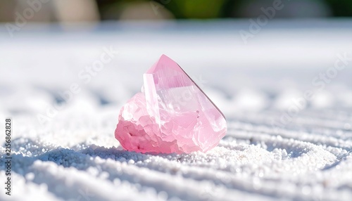 Pink rose quartz crystal on finely raked white gravel in a minimalist Zen garden