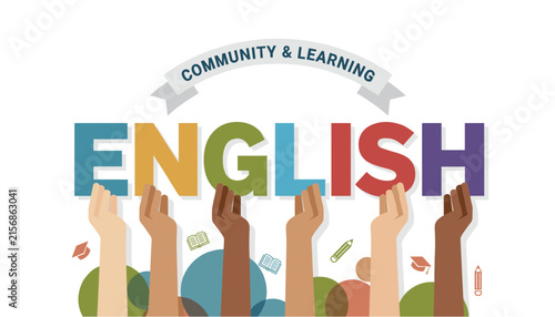 Diverse hands holding up colorful letters spelling the word ENGLISH, promoting language learning and global education.