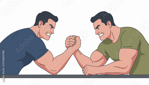 Intense arm wrestling competition between two muscular athletic men on a table, representing physical strength.