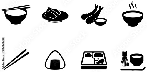 Japanese Food Icons Set: Rice Bowl, Sushi, Tempura, Onigiri, Bento Box, Tea Ceremony Elements - Vector Graphics