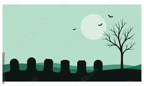 A spooky graveyard vector background featuring silhouettes of tombstones under a full moon with a bare tree in a flat design style
