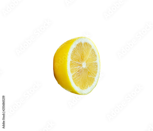 Bild auf Leinwand Front view of ripe yellow lemon fruit in circle slice or half isolated on white