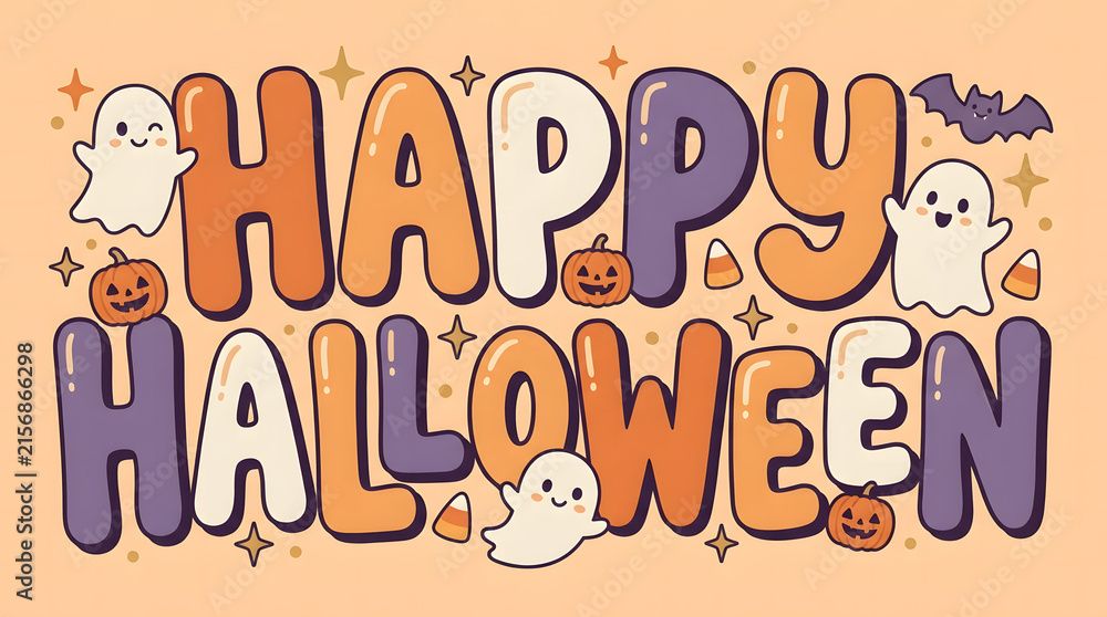 Fototapeta premium Happy halloween festive lettering with cute ghosts pumpkins and stars against soft orange background perfect for seasonal holiday banners.