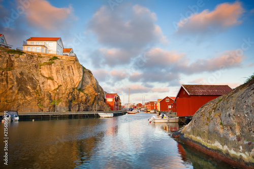 Wooden houses and a marina on the promenade Smögenbryggan in Smögen, Sweden