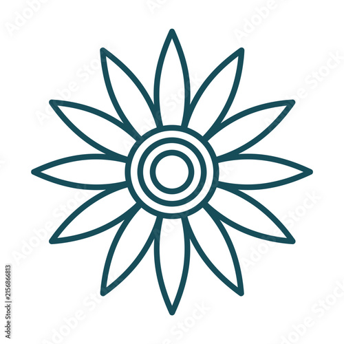 Symmetrical floral sunburst icon in dark teal.