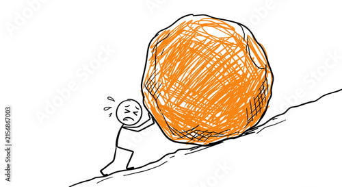 Картината върху платно Hand drawn minimalist line art illustration of a stick figure character pushing a large orange scribbled boulder up a steep slope, conceptual image for perseverance, struggle, and hard work