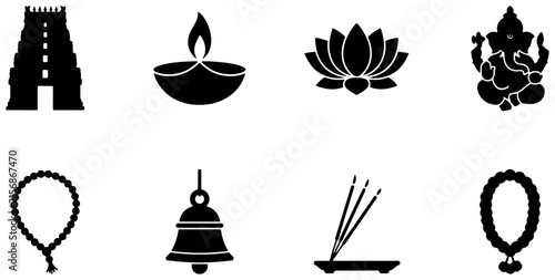 Hindu Temple Iconography, Ganesha, Lotus Flower, Diya Lamp, Incense Sticks, Prayer Beads, Bell, Garland Vector Icons Set