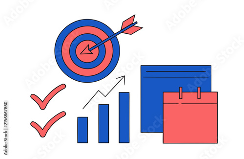 Target with Arrow Hitting Bullseye and Growing Bar Chart Progress Concept. Goal Achievement and Success Vector Illustrat