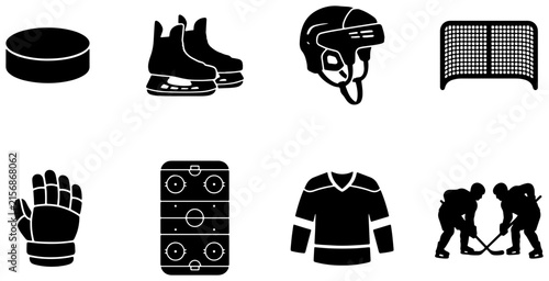Photography Ice Hockey Icons Set: Puck, Skates, Helmet, Net, Glove, Rink, Jersey, Players, S