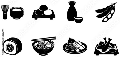 Japanese Food Icons Set: Sushi, Ramen, Matcha, Sake, Mochi, Edamame, Tempura, Sashimi Vector Graphics