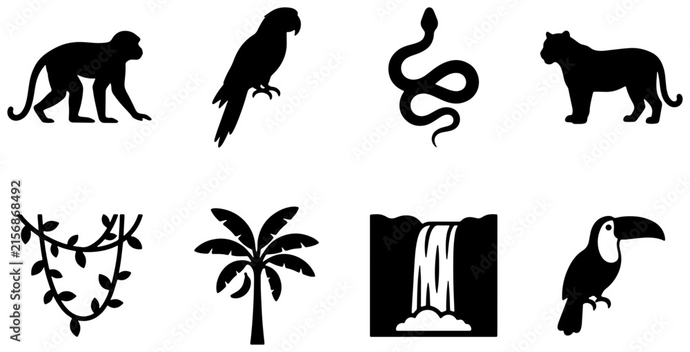 Naklejka premium Jungle Wildlife Vector Icons Set: Monkey, Parrot, Snake, Tiger, Toucan, Waterfall, Palm Tree, Vines - Silhouette Collection for Nature and Safari Designs