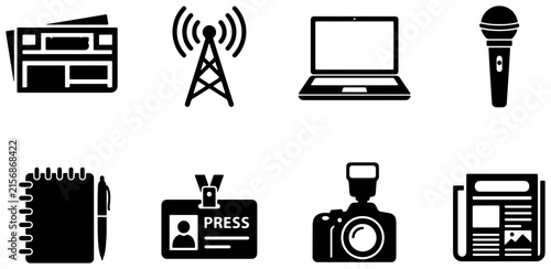 Journalism and Media Icons Set, News Reporting and Communication Symbols, Press Pass, Microphone, Camera, Laptop, Newspaper, Antenna
