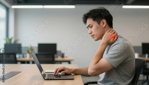 Southeast Asian Man Massaging Neck at Laptop in Office: Wellness Focus