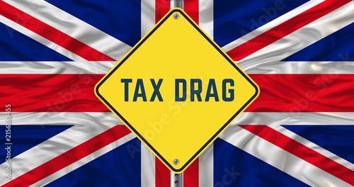 Tax Drag Yellow Diamond Road Sign with Union Jack, UK Frozen Tax Thresholds, Household Income and Fiscal Policy Message