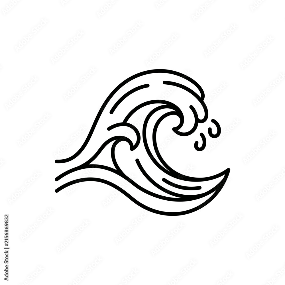Fototapeta premium Black line art ocean wave cresting design element.
