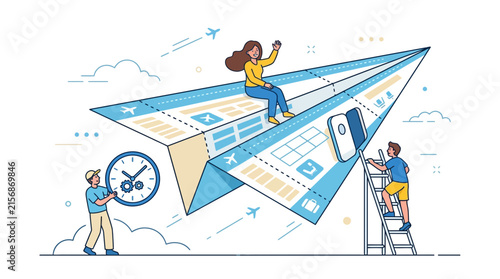 Travelers Preparing Paper Airplane Ticket for Flight Vector Illustration