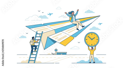 Woman Cheering Atop Paper Airplane Boarding Pass Vector Illustration