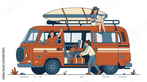 Friends Packing Camper Van for Road Trip Flat Vector Illustration