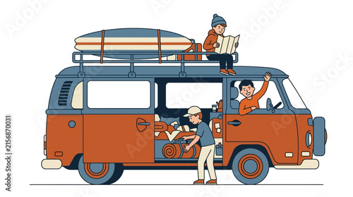 Man Reading Map Atop Camper Van During Road Trip Vector Illustration