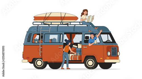 Woman Reading Map on Camper Van Roof Flat Vector Road Trip Illustration