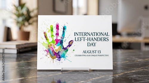 International Left-Handers Day greeting card, colorful watercolor handprint on desk, August 13 celebration card in office setting
