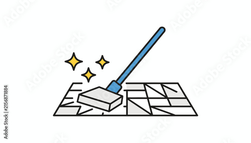 Vector illustration of a flat mop cleaning modern gray tiled floor with bright golden sparkle stars representing cleanliness.