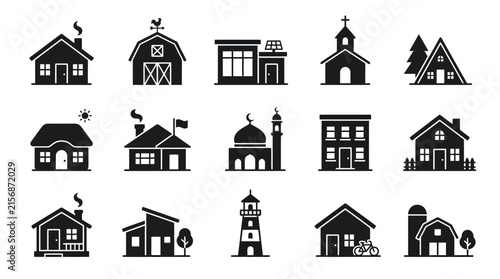 Set of black and white building icons representing various types of residential and public architecture.
