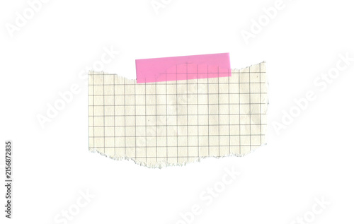 Realistic torn graph notebook paper with pink adhesive tape isolated on white background. Vintage memo paper for scrapbooking, journaling, collage, planners and creative mockup design.