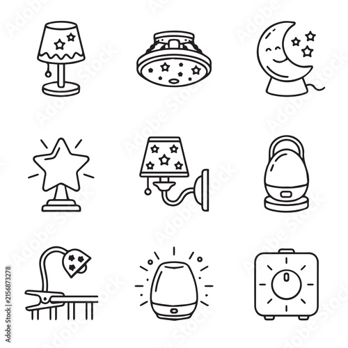 Photography Set of baby nursery lighting icons with lighting nightlight children interior