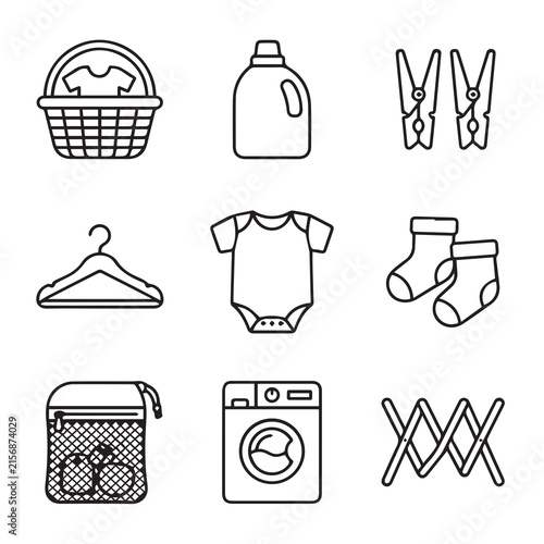 Laundry and baby clothing care icons with clothing detergent cleaning