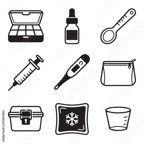 Medical supplies and health care equipment line icons set with healthcare