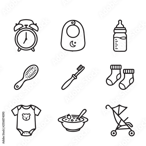 Baby care items and nursery routine equipment line art with essentials, clothing