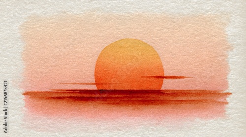 Minimalist Watercolor Sunset Over Calm Ocean with Soft Orange Sky