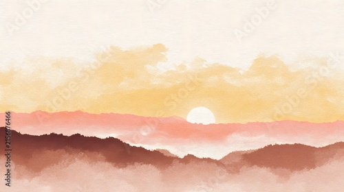 Minimalist Watercolor Sunset Over Calm Ocean with Soft Orange Sky